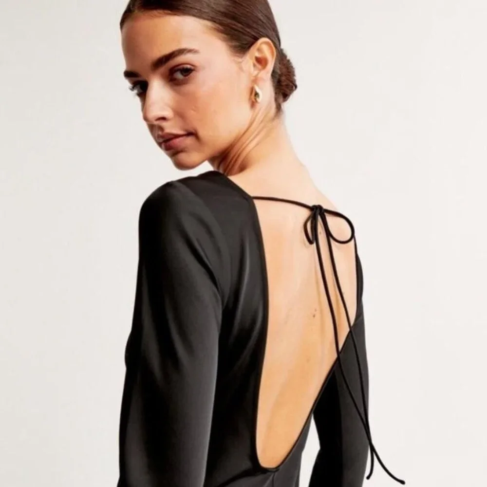 Abercrombie & Fitch Satin Long Sleeve Open Back Mini Dress Black Women's Size L - Picture 4 of 10